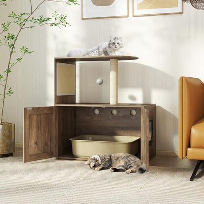 Tangkula Cat Tree with Litter Box Enclosure, Hidden Litter Box Cat Tower with Sisal Scratching Post & Mat, Dangling Ball, Vented Holes, Farmhouse Cat House Washroom (Oak Gray)