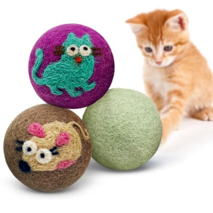 Hustle & Blush Love Ewe Felted Cat Toys 3 Pack - 2 Inch Cat & Mouse Hand Made Cute & Fun Design Kitten Wool Felt Balls for Indoor Play & Exercise - 100% New Zealand Handmade Felted Balls - color: Cat/Mouse
