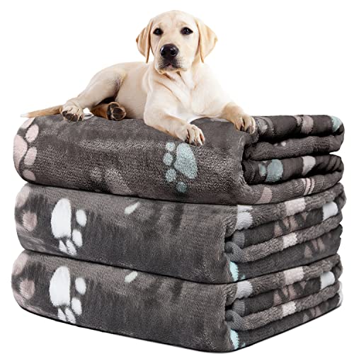 Rezutan Dog Blanket for Large Dogs, Upgraded 3 Pack Dog Cat Flannel Blankets Washable, Soft Pet Throw Cover Suitable for Kennel Crate Bed, Cute Paw Pattern, Grey, 31" x 41" - color: Grey (Pack of 3), size: Large,41x31inch