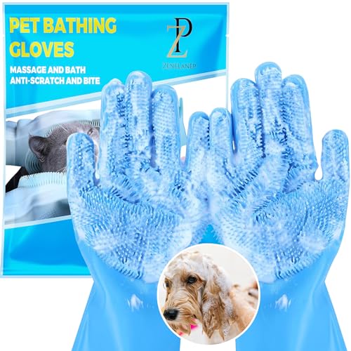 High-Density Silicone Pet Grooming Gloves with Enhanced Five Finger Design for Bathing, Massaging Dogs and Cats (Blue) - color: Blue