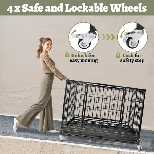 Heavy Duty Large Dog Crates for Large Dogs with Wheels, 47 Inch Metal Wire Stackable Dog Crate Cage with 2 Removable Trays, Multi Locks, Chew Proof Escape Proof Dog Kennel Indoor - size: 47.0"L x 29.0"W x 35.0"H