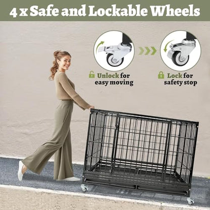 Heavy Duty Large Dog Crates for Large Dogs with Wheels, 47 Inch Metal Wire Stackable Dog Crate Cage with 2 Removable Trays, Multi Locks, Chew Proof Escape Proof Dog Kennel Indoor - size: 47.0"L x 29.0"W x 35.0"H