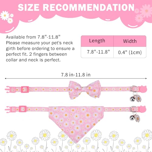 SCENEREAL Spring Cat Collar Breakaway with Bells, 2 Pack Cute Flower Pet Collar with Removable Bow Tie and Bandana, Adjustable Safety Buckle with Daisy Pendants for Girl Cats Kitten - color: Bandanas & Bow (Daisy-Pink)