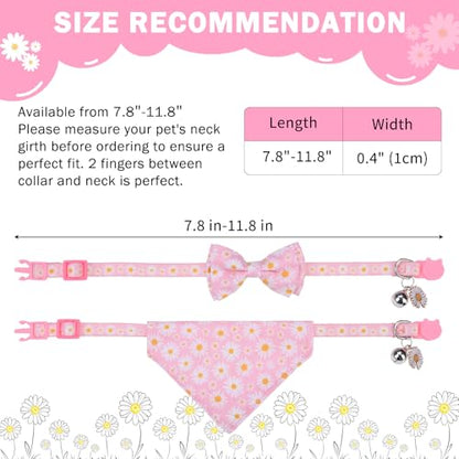 SCENEREAL Spring Cat Collar Breakaway with Bells, 2 Pack Cute Flower Pet Collar with Removable Bow Tie and Bandana, Adjustable Safety Buckle with Daisy Pendants for Girl Cats Kitten - color: Bandanas & Bow (Daisy-Pink)