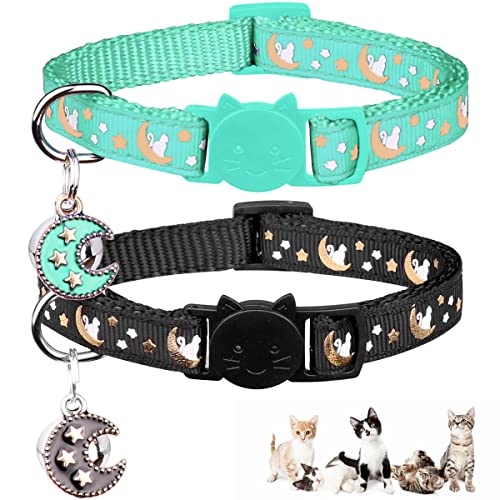 Baeuppit 2Pcs Breakaway Cats Collars Cat Collars for Boy & Girl Cats Adjustable Kitten Collars with Bell,Black+Teal,8"-13.1" - color: Black+Teal, size: 8.0-13.1"