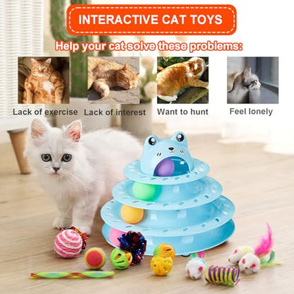17 Pack Cat Toys, 4-Level Turntable Ball Track Interactive Cat Toy for Indoor Cats, Self Play Fun Roller with Colorful Rotating Ball Puzzle Exercise Kitten Toys Set - color: Light Blue