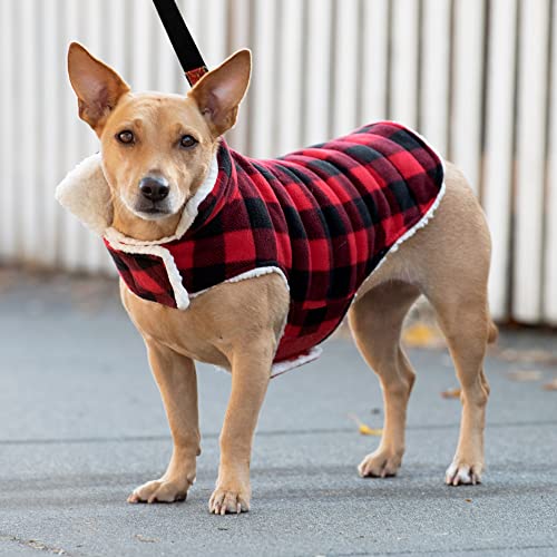 Furhaven Reversible Small Dog Coat, Washable & Insulating w/ Leash Access - Sherpa & Plaid Fleece Flex-Fit Jacket - Cream/Red, Small - color: Cream/Red Plaid, size: SM
