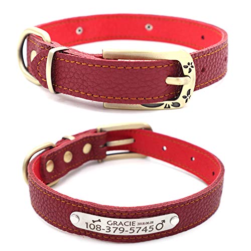 Personalized Cat Collar with Name Tag,Custom Leather Cat Collar Engraved with Name and Phone Number for Boy and Girl Cats or Small Puppy Dogs-S,Claret - color: Claret, size: S