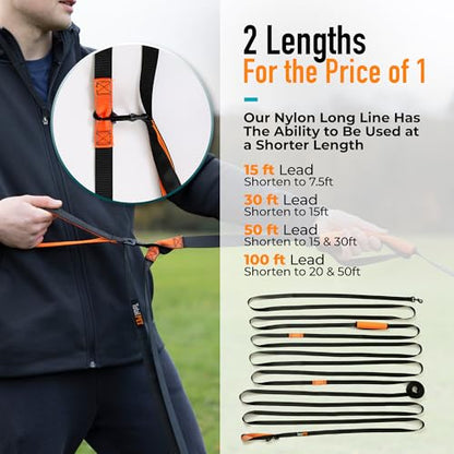 30ft Long Leash for Dogs - Long Line Dog Leash for Training Recall/Commands at Distance - Nylon, Heavy Duty - Ideal for Large & Small Breeds - size: 30ft