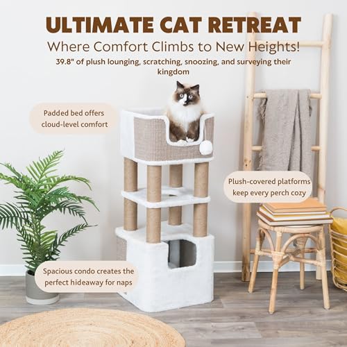 Trixie Lucano 39.8-in Cat Tree, Indoor Cat Furniture with Jute Scratching Posts, Sisal and Plush Covered Condo, Dangling Interactive Toys, Taupe - color: Brown, size: 39.8" Tall