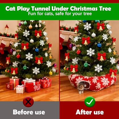Cat Tunnel Christmas Tree Skirt,Christmas Tree Cat Tunnel for Indoor Cats,Cat Tunnels Tree Skirt,Soft Peekaboo Hideway Bed Cave Donut Toys Circle Tunnels for Kittens & Large Cats (Red) - color: Red