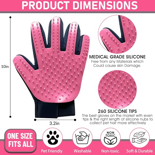 Upgrade Pet Grooming Gloves, Grooming Gloves for Dogs, Cats, Rabbits & Horses with Long and Short Hair, Efficient Pets Hair Remover Mittens - 1 Pair (Pink) - color: Pink