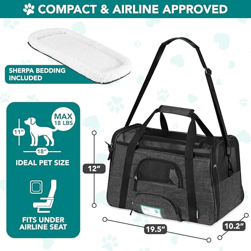 PetAmi Airline Approved Pet Carrier for Cats & Small Dogs, Soft Sided TSA Travel Carrier Bag with Sherpa Bed, Breathable Mesh Ventilation, Collapsible Bowl, Up to 18 lbs, Large Heather Dark Gray - color: Charcoal, size: Large - 19.5"L x 10.2"W x 12"H