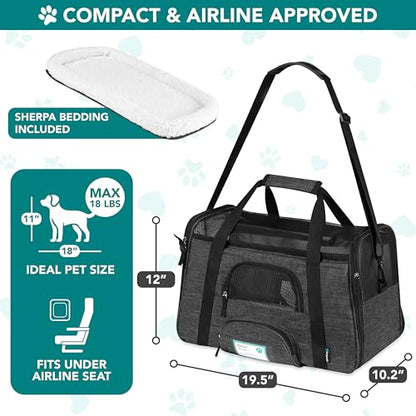 PetAmi Airline Approved Pet Carrier for Cats & Small Dogs, Soft Sided TSA Travel Carrier Bag with Sherpa Bed, Breathable Mesh Ventilation, Collapsible Bowl, Up to 18 lbs, Large Heather Dark Gray - color: Charcoal, size: Large - 19.5"L x 10.2"W x 12"H