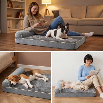 Orthopedic Dog Bed for Medium to Large Dogs 40 x 24Inch, Egg-Crate Memory Foam Pet Bed with Pillow, Comfortable Dog Couch with Removable Washable Arctic Velvet Cover, Waterproof Non-Slip Bottom Gray - size: 39.4" L x 23.7" W x 7.5" H--One side