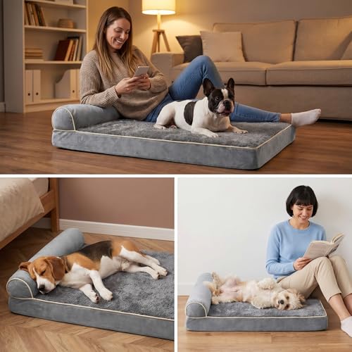 Orthopedic Medium Dog Bed 30 x 20Inch, Egg-Crate Memory Foam Pet Bed with Pillow, Comfortable Dog Couch with Removable Washable Arctic Velvet Cover, Waterproof Non-Slip Bottom Gray - size: 29.6" L x 19.7" W x 5.6" H--One side
