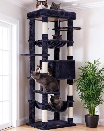 Heybly Cat Tree for Large Cats 20 lbs Heavy Duty,69 inches XXL Cat Tower for Indoor Cats,Multi-Level Furniture Condo with Big Padded Plush Perch,Cozy Basket HCT031G - color: Smoky Gray, size: 69 inch