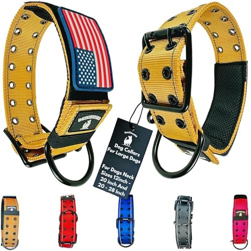Tactical Dog Collar 2 Inch Wide Heavy Duty with Metal 2-Pin Belt Buckle for Medium, Large & XL Dogs, Thick Military-Style K9 Collar, Reflective, with Name Plate Area, USA Flag Patch, Strong & Durable - color: TAN, size: 12-20 inches