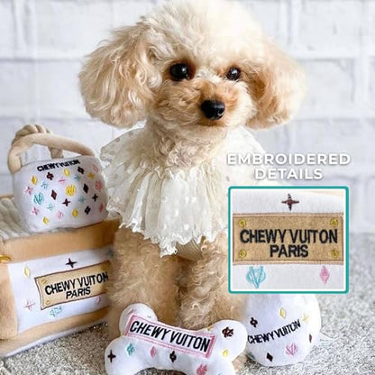 Haute Diggity Dog Chewy Vuiton Trunk Puzzle with 3 Plush Squeaky Dog Toys, Soft Durable Designer-Inspired Stuffed Puppy Chew Toys for Small & Medium Dogs, Machine-Washable (White) One Size - color: White Trunk, size: One Size