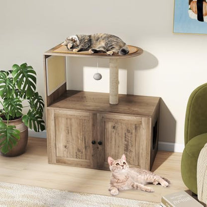 Tangkula Cat Tree with Litter Box Enclosure, Hidden Litter Box Cat Tower with Sisal Scratching Post & Mat, Dangling Ball, Vented Holes, Farmhouse Cat House Washroom (Oak Gray)