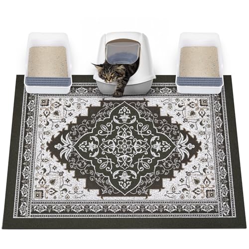 Glittme Cat Litter Mat with Non-Slip Bottom Litter Box Mat 47"X35" Litter Trapping Mat Easy to Clean Washable Cat Food Mat for Kitty,XXL - color: Black, size: 47"x35"
