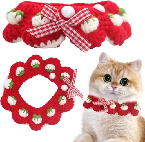 Cat Collar Breakaway, Kitten Collar with Cute Bow Tie and Strawberry Pattern Comfortable for Kitty and Small Puppies, Bandana Fits Neck 2-3 Inches(S)(red) - color: red