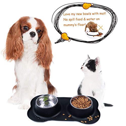 Dog Food Bowls Stainless Steel Pet Bowls & Dog Water Bowls No Spill Non Skid, Feeding Bowls with Dog Bowls Silicone Mat for Small Medium Large Size Dogs, Cat Pet Dog Dishes Set, Black, 3 Cup - color: Black, size: 3 Cup/27 oz each