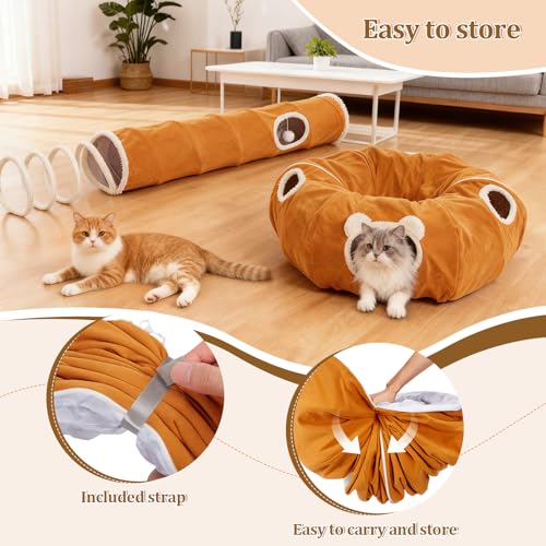 Ownpets 2-in-1 Cat Tunnel, Large Lollipop Shape Cat Tunnel Toy with Fluffy Balls, Spiral Toy, Plush Collapsible Cat Cave Hideout Donut Tunnel for Multi Kitten Puppy Rabbit (Orange) - color: Orange