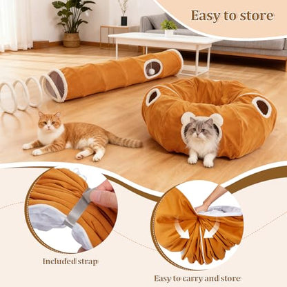 Ownpets 2-in-1 Cat Tunnel, Large Lollipop Shape Cat Tunnel Toy with Fluffy Balls, Spiral Toy, Plush Collapsible Cat Cave Hideout Donut Tunnel for Multi Kitten Puppy Rabbit (Orange) - color: Orange