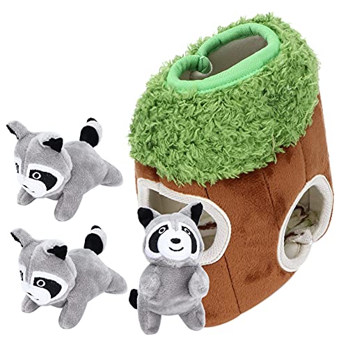 Raccoon in Tree Hide and Seek Dog Toy, Hide a Raccoon Plush Dog Toy Puzzle with Squeaker for Small and Medium Size Dogs