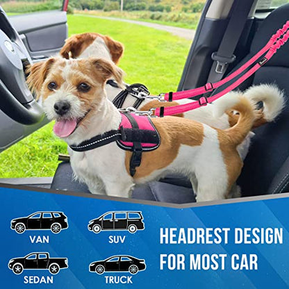 Lukovee Double Dog Seat Belt, New Dual Pet Car Headrest Restraint Safety Seatbelt No Tangle Dog Leash Duty Adjust Elastic Bungee Puppy Lead Splitter Connect Harness in Vehicle Travel for 2 Dogs (FL) - color: Fluorescent Pink