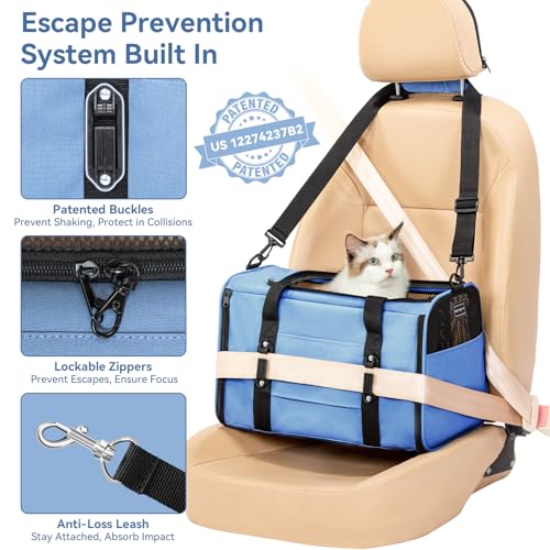 PETSFIT Soft-Sided Cat Carrier with Patented Safety Buckles, Lockable Zippers & Safety Tether,Escape-Resistant Travel Pet Carrier for Car Rides & Vet Visits, Airline Approved Under-Seat, Up to 12 lbs - color: Blue, size: Medium