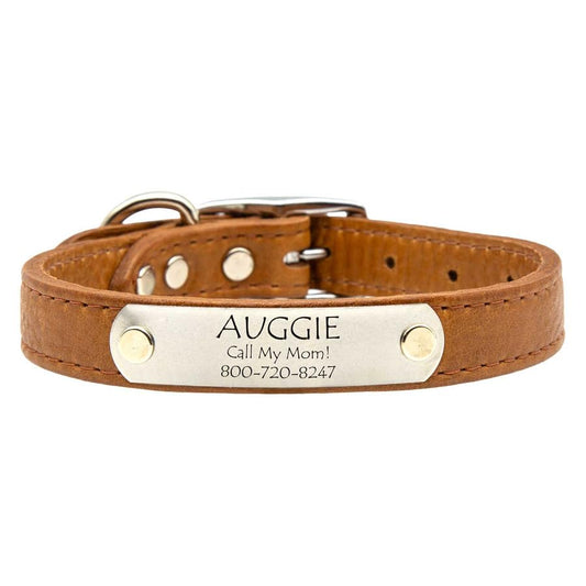 dogIDs Personalized Soft Designer Leather Dog Collar - Adjustable, Odor Resistant, Built-in Custom Laser Engraved Rivet on Name Plate - Tobacco Brown - 1/2 in Wide x 7 in Neck - color: Tobacco Brown, size: 1/2 in wide x 9 in (its 6-8 inch necks)