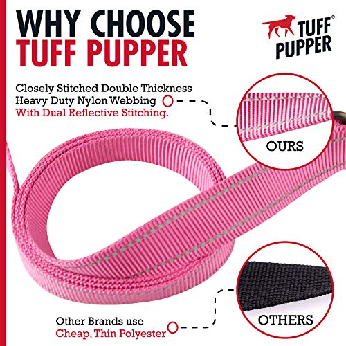 Tuff Pupper Heavy Duty Double Handle Leash | Twist Locking Carabiner Clip | Safety Lock for Strong Dogs | Reflective for Safe Night Walks | 6 Foot Leash for Medium & Large Dogs - color: Hot Pink