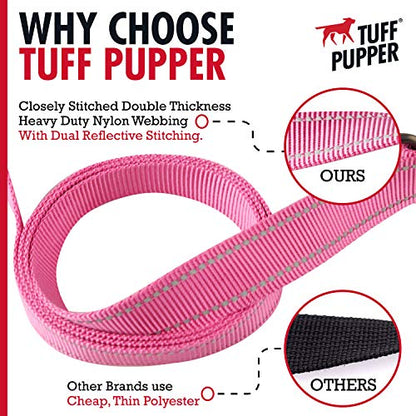 Tuff Pupper Heavy Duty Double Handle Leash | Twist Locking Carabiner Clip | Safety Lock for Strong Dogs | Reflective for Safe Night Walks | 6 Foot Leash for Medium & Large Dogs - color: Hot Pink