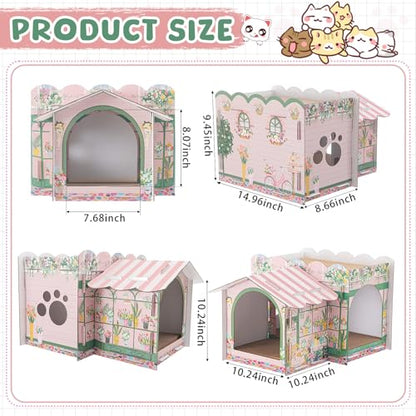 Lineshading 2 Story Cardboard Cat House with Scratcher Pad, Multi Level Durable Cat Scratcher House for Small Kitten Bunny Rabbit Animals Christmas Birthday Gift(17x12x10,Florist) - style: Florist