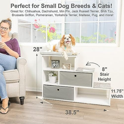 PetFusion Pet Step Window Perch Bookshelf w/ Storage Baskets 28” Tall Dog and Cat Perch, 8” Stair Height Multi-Functional Modern Furniture w/ Carpeted Step Pads & 1” Thick Premium Foam Pad