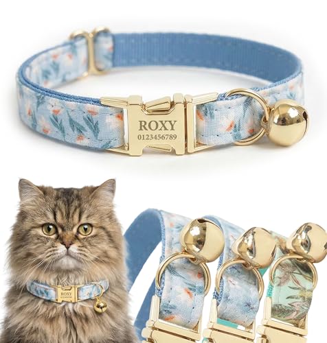 Engraved Floral Cat Collar with Removable Bow Tie - Personalized ID Tag & Safety Bell, Adaptive Polyester Design, （Non-Breakaway） - Floral Pattern Collection - color: Blue White Daisy, size: L