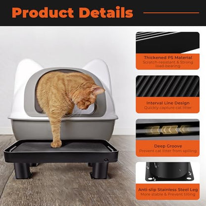 Black Litter Box Ramp with 4 Detachable Adjustable Height Stand, Litter Box Step for Small & Elderly Cats, Filter Cat Litter & Washable & Elevated Cat Ramp (14"x10"x3.74")