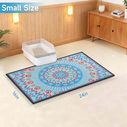 Cat Litter Mat, 24" x 16" Litter Box mat, Traps 100% Litter, Non-Slip Kitty Litter Trapping mats, Small Cute Litter mat, Easy Clean for Scatter Control, Bohe cat Food mat, Urine Waterproof - color: Blue Medallion, size: Small（24"x16"）