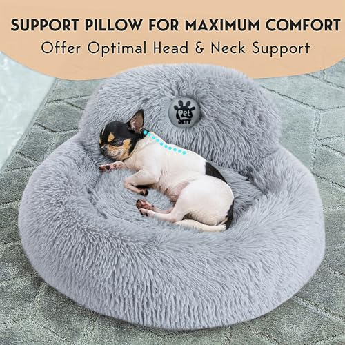PetJett Small Dog Bed - 23'' Round Dog Beds, Calming Puppy Bed - Anti-Slip & Washable Super Soft Fluffy Plush Faux Fur Pet Bed, Anti-Anxiety Premium Comfort Donut Bed,Fits Dogs upto 25 lbs,Bright Gray - color: Bright Grey, size: Small - 23”L x 23”W x 8”Th