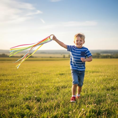 Sumind 6 Pcs Rainbow Ribbon Hand Kites Wands for Kids Dancer Streamer String Toy Thrown Waldorf Wand with Wooden Ring Wand Learning Educational(Fresh Colors) - style: Fresh Colors