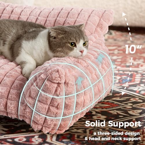 Cute Small & Medium Dog Couch Bed – Supportive & Fluffy Pet Sofa with Faux Rabbit Fur Washable Cover in 3D Diamond Pattern, 36" Pink - color: Pink, size: Large: 36"L x 27"W x 10"Th