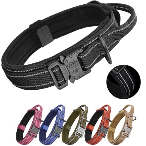 Tactical Dog Collar for Medium & Large Dogs - Military Nylon Heavy Duty Collar with Handle, Reflective Strip & Metal Buckle for Training, Outdoor (Black Reflective, Large) - color: Reflective-Black, size: L