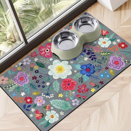 Dog Food Mats for Floors, Absorbent Dog Bowl Mat for Food and Water Dispenser Mat, Quick Dry Cat Food Mat Pet Supplies - color: Floral Grey, size: S(12"×20")
