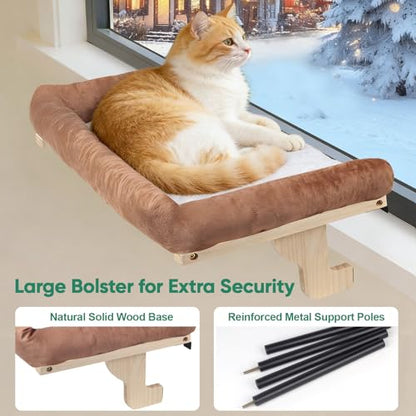 Cat Window Perch with Bolster, Large Hammock Bed for Indoor Cats, Solid Wood & Metal Frame Mounted Perch, Cozy Sunbathing Lounge Bed, 25” Wide (Brown Bed) - color: Brown