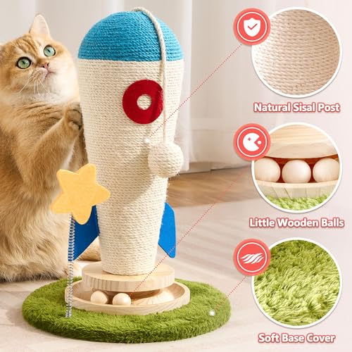 Cat Scratching Post, Rocket Cute Sisal Cat Scratcher with Durable Solid Wood Turntable Toy, Cat Scratch Post Red Cat Scratcher with Spinning Star Toy for Indoor Adult Cats - color: Blue Rocket