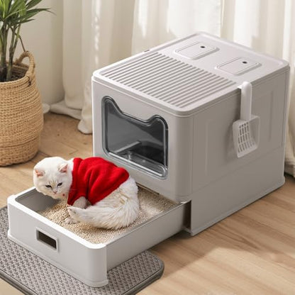Stainless Steel Cat Litter Box with Lid and Drawer, Enclosed XXL Litter Box for Large Cats Includes Litter Mat & Scoop - size: enclosed