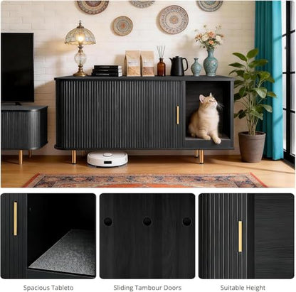 DHH Cat Litter Box Enclosure with Scratch Pad, Sliding Door, 38.5" Cat Litter Furniture Hidden Litter Box Cabinet, Modern Indoor Cat House, TV Stand, Side End Table for Living Room(Black) - color: Black