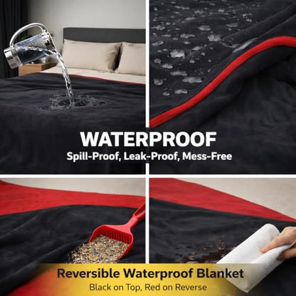 Queen Size Waterproof Blanket – Stain-Proof, Spill-Proof Flannel Blanket for Bed, Couch, Kids & Pets Protection, Reversible Splash-Proof Design (Passion Red & Midnight Black, 80x90) - color: Velvet Red/Obsidian Black, size: Queen